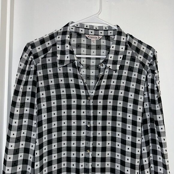 Nanette Lepore Black White Check Button up Semi-Sheer Balloon Sleeve Shirt Large - Picture 3 of 9